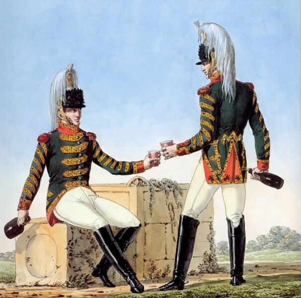 Soldiers of Napoleon's Grande Armée 1st Regiment of Cuirassiers Trumpeters toasting with Champagne