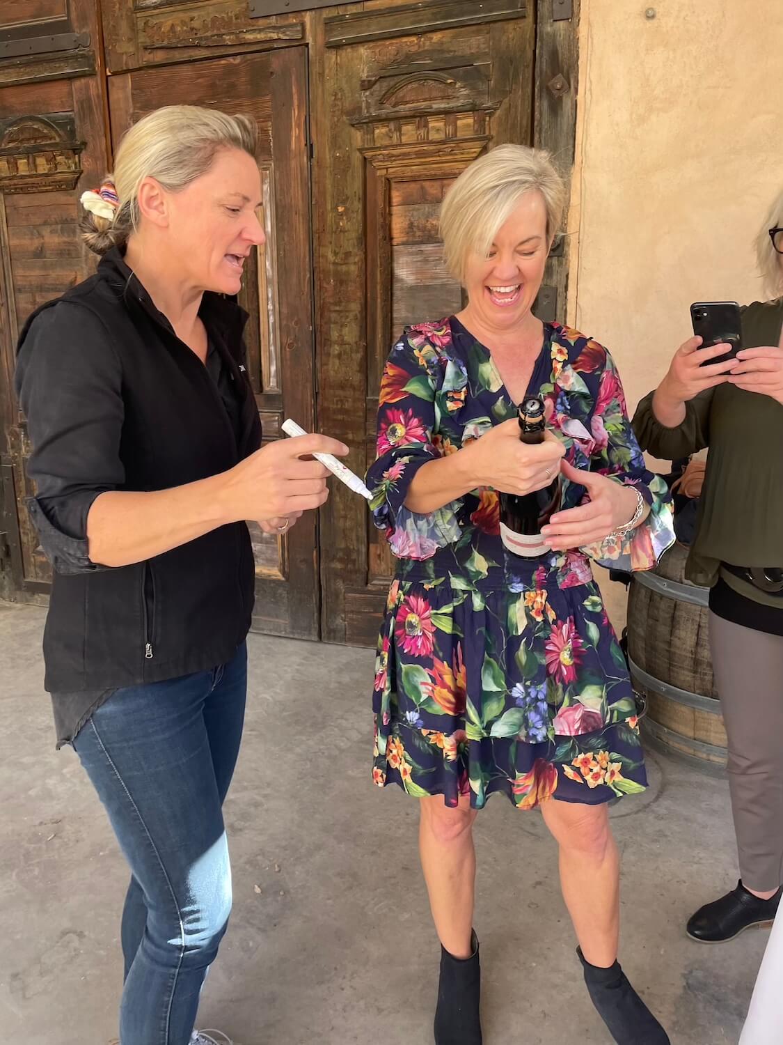 Deviation Road Winery owner Kate Laurie with Susan Le Roux, the Champagne Goddess